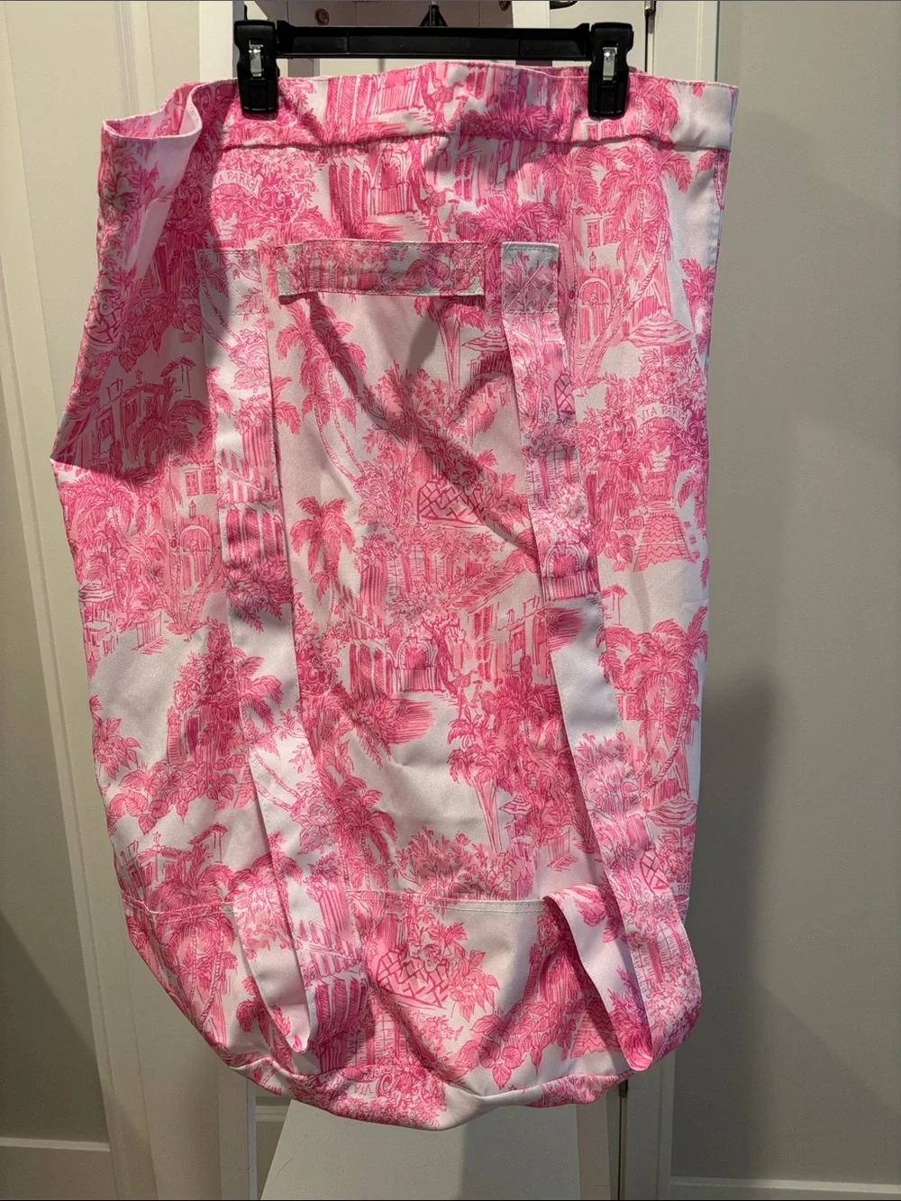 Pink Toile Drawstring Laundry Bag with Front Zip Pocket